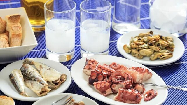 Turkish raki, greek ouzo or tsipouro, aperitif drink and starters closeup view 