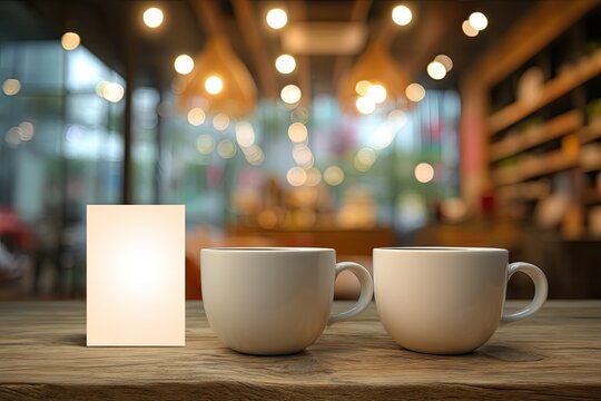 Blank card and two coffee cups on a wooden table in a cafe