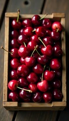 A top view of a pile of juicy cherries in a vintage wooden crate, natural, cherries, berries