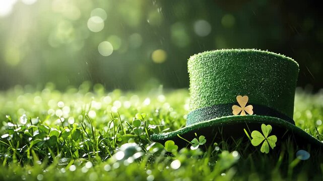 Lush green grass and a festive leprechaun hat adorned with shamrocks celebrated in spring sunlight