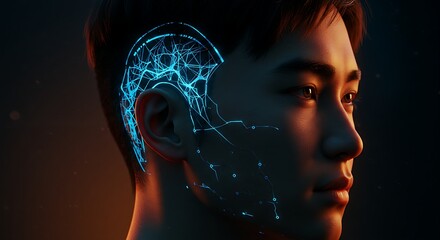 Obraz premium A futuristic human with a glowing neural interface embedded in their skull