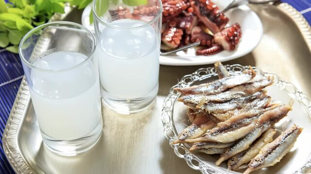 Turkish raki, greek ouzo or tsipouro, aperitif drink and starters closeup view 