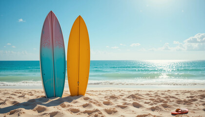 Sunny Beach with Surfboards and Sandals A classic summer vibe: two colorful surfboards stuck in the sand, with flip-flops nearby. The ocean behind them glimmers under the sunlight