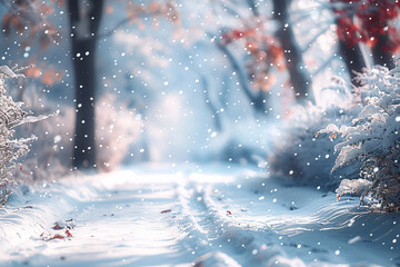 Beautiful winter landscape with gentle snowfall creating realistic serene and peaceful atmosphere, blanketing ground in realistic pristine layer of white snow    