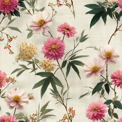 Fototapeta premium Japanese-Inspired Floral Design with Pink and White Flowers on Beige Background