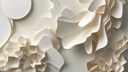 Layered paper cut shapes with depth and shadow, all in white tones&mdash;modern and stylish for backgrounds or product displays.