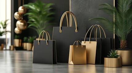 Black and gold shopping bags displayed in a modern interior