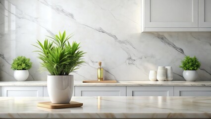 White Marble Tabletop Still Life: Vase, Plants, Modern Interior Design Photography