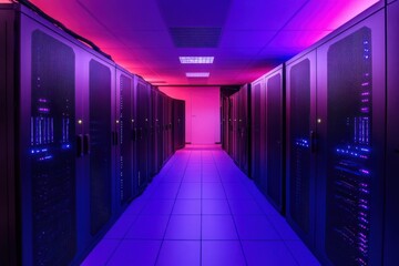 Fototapeta premium A server room with rows of black data racks illuminated by blue and purple lights in a long corridor