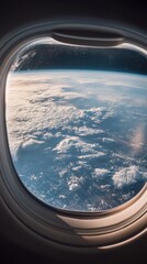 Stunning view of Earth from an airplane window, showcasing clouds and ocean under a clear blue sky.