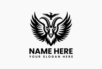 Monochrome Winged Ibex Mountain Peak Illustration. Minimalist Fantasy Art