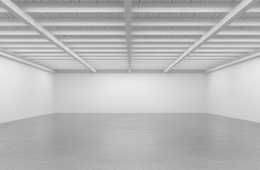 Obraz premium Minimalist Empty Room with White Walls and Wooden Ceiling Beams