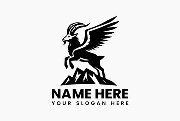 Monochrome Winged Ibex Mountain Peak Illustration. Minimalist Fantasy Art