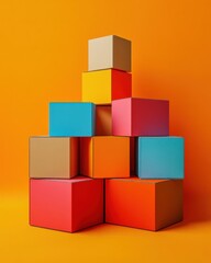 Colorful stacked boxes on a bright orange background create a playful, modern aesthetic.