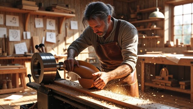 A male woodworker, focused and passionate, skillfully shapes a piece of wood on a lathe in his rustic workshop. Sunlight streams through the window, illuminating dust particles dancing in the air.