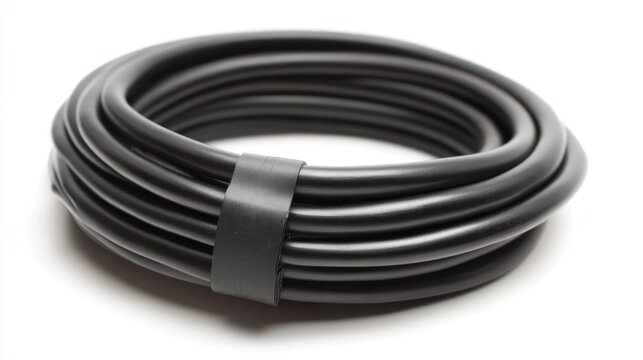 Black Cable Coil: A Close-Up View of a Neatly Wound Black Cable, Tied with a Black Strap, Isolated on a White Background