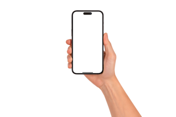 Hand holding smartphone with blank screen isolated. High quality studio shot. Concept for technology, business, finance and advertising.