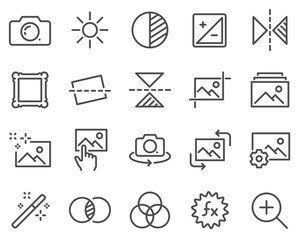 Simple Set of Image Editing Related Vector Line Icons. Contains such Icons as Image Gallery, Auto Correction, Adjustments and more.