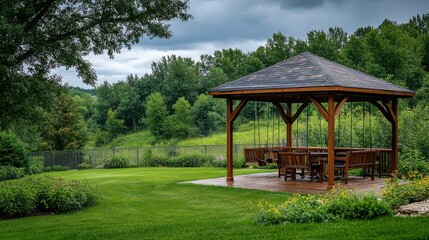 A wooden gazebo with seats, a table, and swings sits by a cut lawn. Behind it are trees, a metal fence, and a forest. The summer weather is cloudy with wind and rain.
