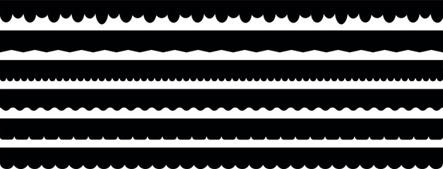 Scalloped edge seamless set. borders and dividers. Simple scalloped border. Repeat cute vintage frill ornament. Texture ribbons. Vector illustration isolated on white background.