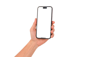 Hand holding smartphone with blank screen isolated. High quality studio shot. Concept for technology, business, finance and advertising.