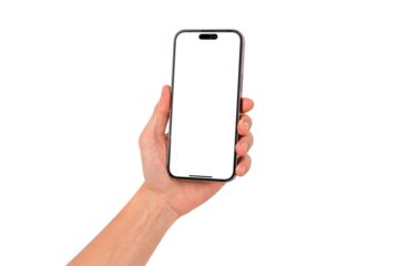 Hand holding smartphone with blank screen isolated. High quality studio shot. Concept for technology, business, finance and advertising.