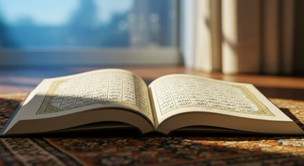 Open book on prayer rug, sunlight