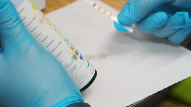 Doctor checking reagent strip for urinalysis. Urina test in medical laboratory to analyze Protein, Leukocytes, Urobilinogen, Bilirubin, Blood, Nitrite, pH