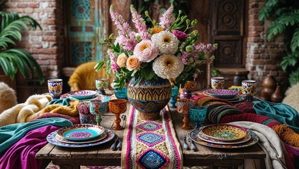 Vibrant bohemian tablescape featuring a centerpiece of colorful flowers in a vase, surrounded by intricately patterned dinnerware and glassware. A textured runner adds to the scene's eclectic charm.