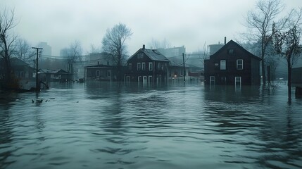 Fototapeta premium Floodwaters engulf rural buildings in a desolate landscape