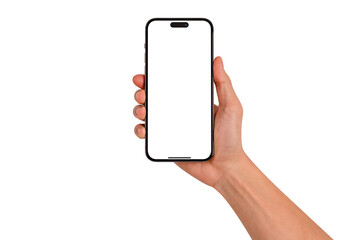 Hand holding smartphone with blank screen isolated. High quality studio shot. Concept for technology, business, finance and advertising.
