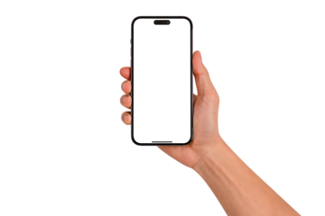 Hand holding smartphone with blank screen isolated. High quality studio shot. Concept for technology, business, finance and advertising.