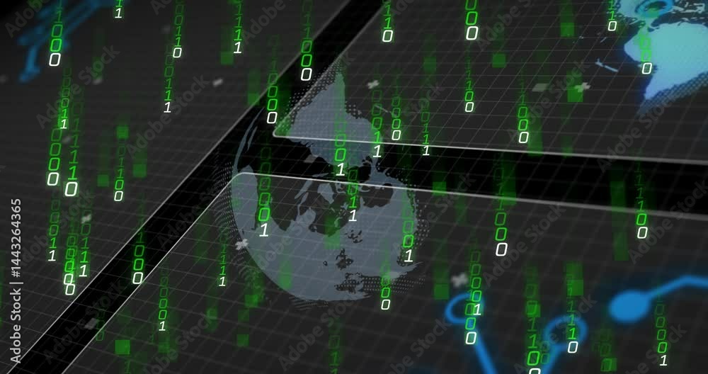 Poster data flow being displayed on dark 3d render grid with floating globe and green binary streams