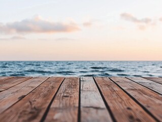 Fototapeta premium Tranquil Seaside View at Sunset with Wooden Deck Overlooking Ocean