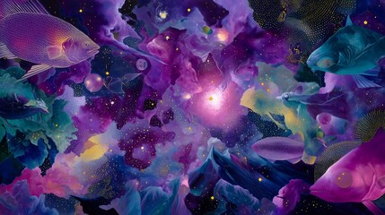 Vibrant underwater galaxy filled with colorful fish swimming through cosmic clouds and stars