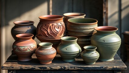 A collection of handcrafted ceramic pots in varying sizes and earthy tones. Intricate designs adorn some pieces, showcasing the artisan's skill.