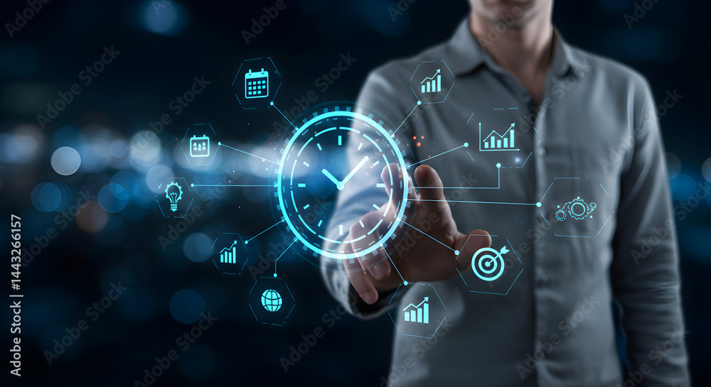 Poster man touching digital clock display with futuristic icons on dark bokeh background for business manag