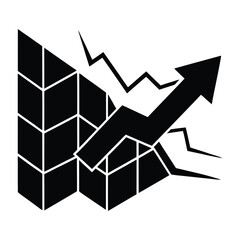 Graph arrow breaking through wall on white background