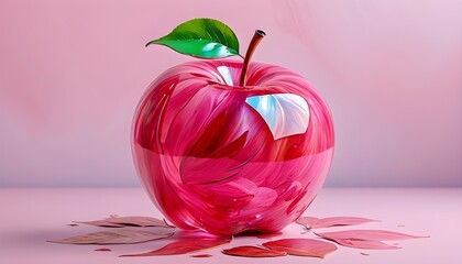 Elegant digital artwork of a modern fruit sculpture: pink translucent apple with gloss surface and lush green leave, soft-focused pink background,