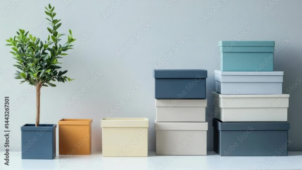 Poster a simple table topped with boxes and a nearby tree, great for use in interior design or home decor s