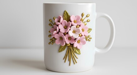 A white cup with a pink blossom holds warm tea and sits near a floral arrangement