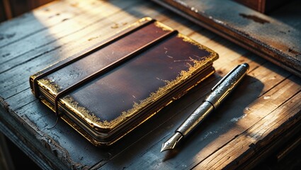 A vintage leather-bound journal with gold detailing rests on a wooden surface alongside a silver fountain pen, bathed in warm sunlight. A scene of quiet contemplation and old-world charm.