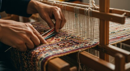 Hands weaving rug on loom