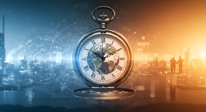 Pocket Watch with World Globe Face on Modern Cityscape Background with Orange and Blue Tone