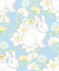 Hand drawing Bunny with floral botanical seamless pattern design on blue background.
