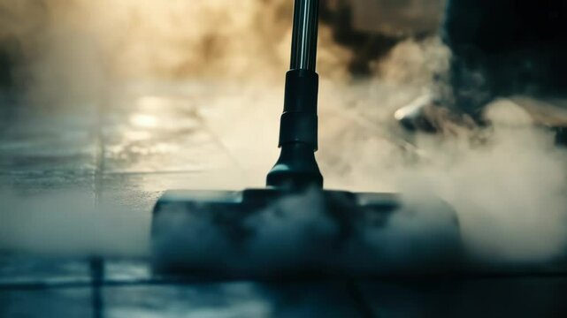 A person cleaning a tiled floor with a steam mop, effective and efficient method for sanitizing surfaces