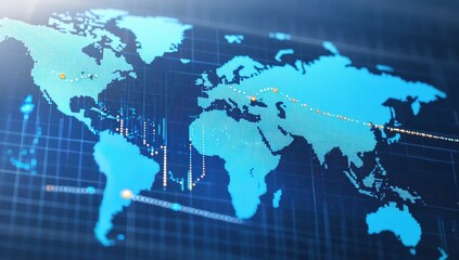 Global World Map with Digital Data Visualization in Blue Tone