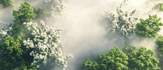 Aerial View of Lush Green Forest Canopy with Blooming White Flowers in Dense Fog Creating a Dreamy Ethereal Atmosphere Perfect for Nature and Serenity Themes