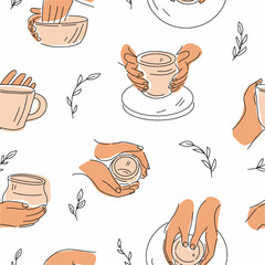 Seamless vector pattern with ceramic dishes and hands
