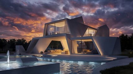Modern architectural marvel: a white geometric house with pool at dusk under a vibrant sky